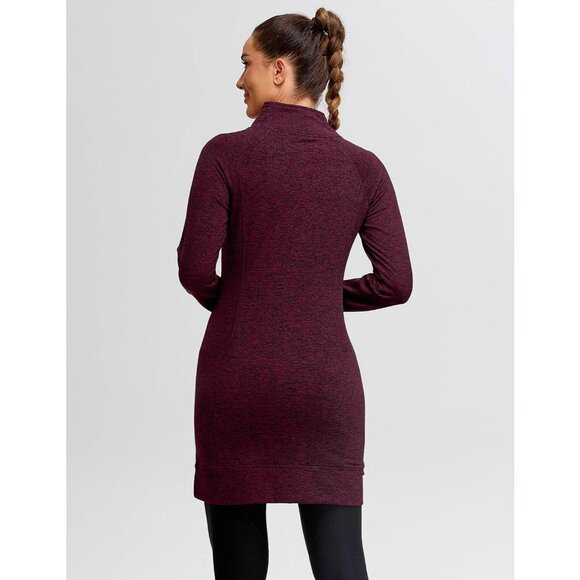 Women's Fleece Running Dress Tunic Sweatshirt 1/4 Zip Mock Neck Dress Burgundy - Picture 5 of 5
